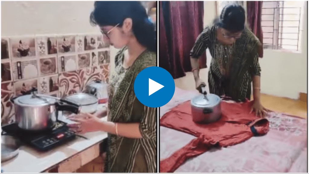 Woman trolled for using pressure cooker as jugaad iron in viral video