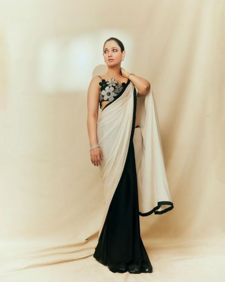 Tamannaah Bhatia black and white saree look with flower designer blouse went viral on social media