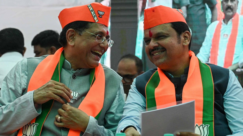 Deputy CM Devendra Fadnavis and Union minister Piyush Goyal during the inauguration ceremony of Goyal’s election office at Kandivali in Mumbai Wednesday. (Express photo: Sankhadeep Banerjee)