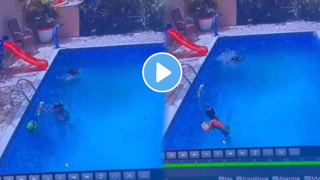 Little Brother save a sister who jumped into swimming-pool