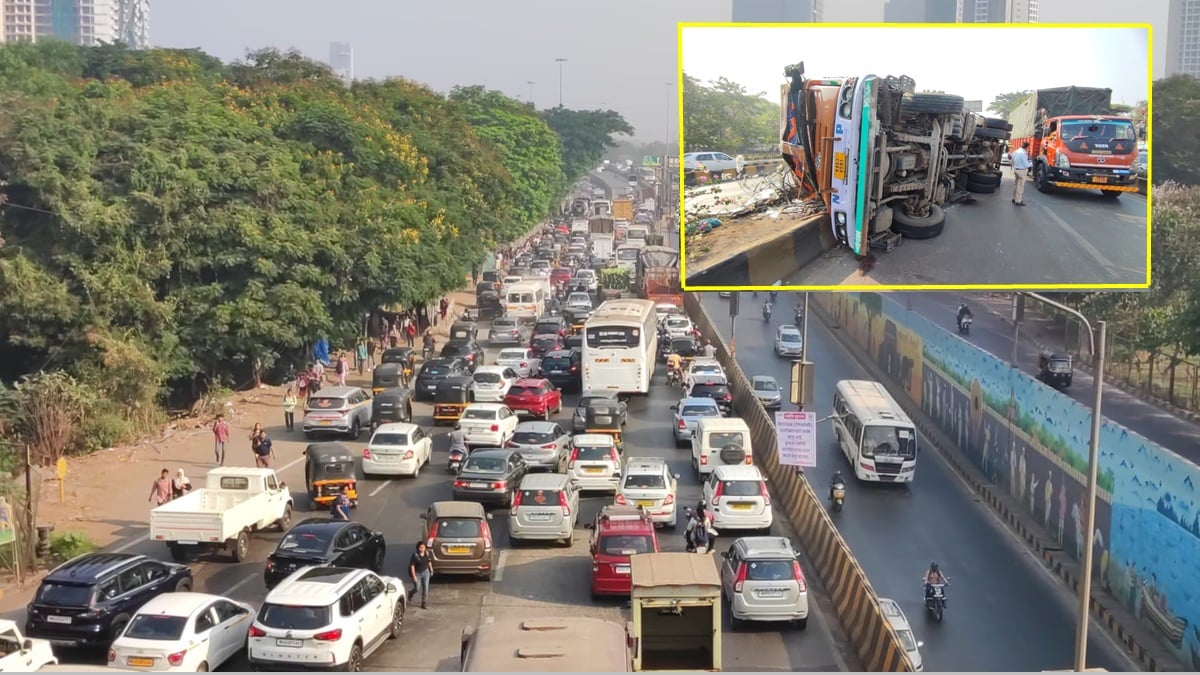 ठाणे - बेलापूर वाहतूक कोंडी, घणसोली स्टेशन समोर ट्रक पलटी traffic jam ...