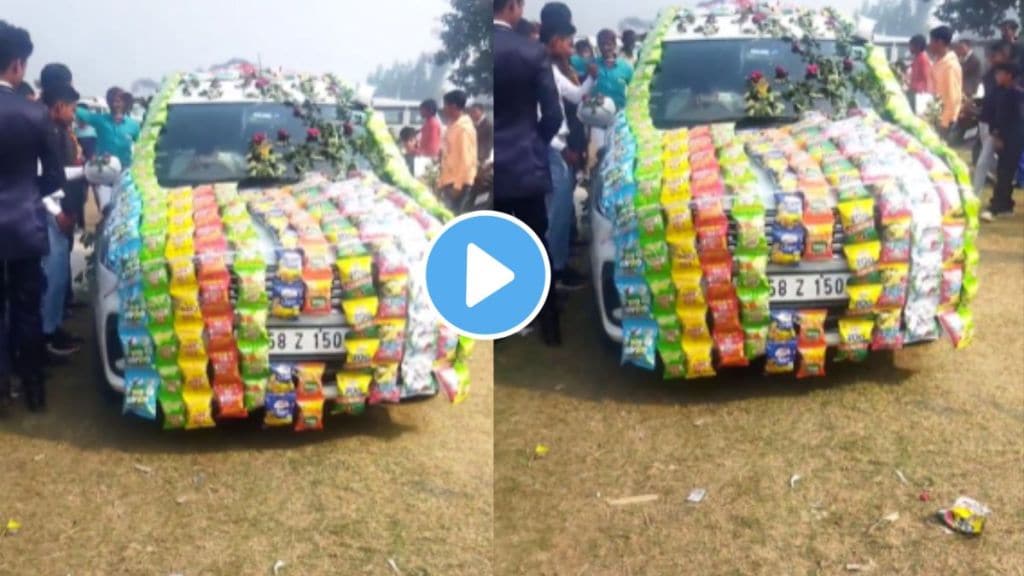 groom car decorated with chips packets