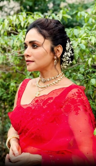 Amruta Khanvilkar Red Saree