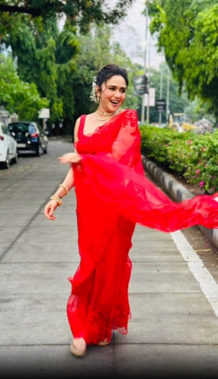 Amruta Khanvilkar Red Saree