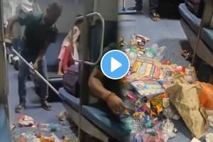 Viral Video Records Housekeeping Staff Sweeping garbage just next to their Passengers seats Netizens said use dustbins