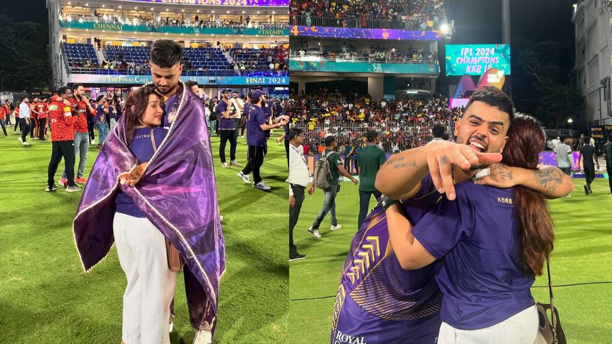 IPL 2024 Final: KKR चा झेंडा खांद्यावर अन् पत्नीची गळाभेट, रोमँटिक झाले नितीश राणा-सांची मारवाह, फोटो व्हायरल