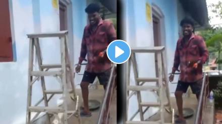 funny video ladder of the laborer who was painting the house