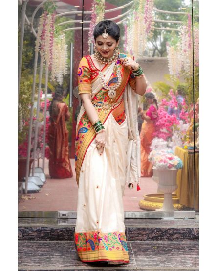 Ruchira Jadhav White Paithani Saree