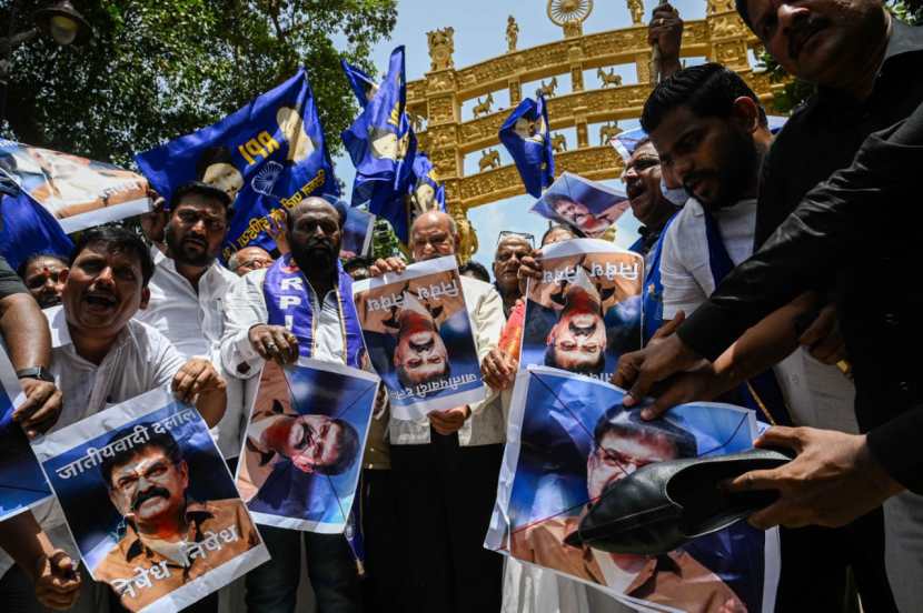 Supporters of Republican Party of India (RPI) protest against NCP-Sharad Pawar leader Jitendra Awhad’s act of tearing a poster of Dr. Babasaheb Ambedkar, at Chaityabhoomi