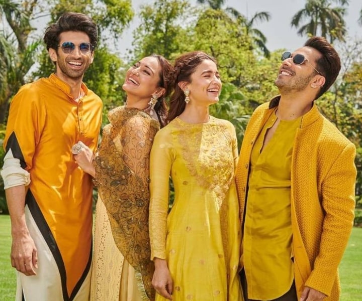 The Kalank star cast, Aditya Roy Kapur, Sonakshi Sinha, Alia Bhatt, Varun Dhawan wore colour coordinated Indian outfits while promoting their movie. Kalank is set in pre-independence India, each of their characters wear beautiful Indian outfits throughout the movie. (Photo: Instagram/@aliaabhatt)