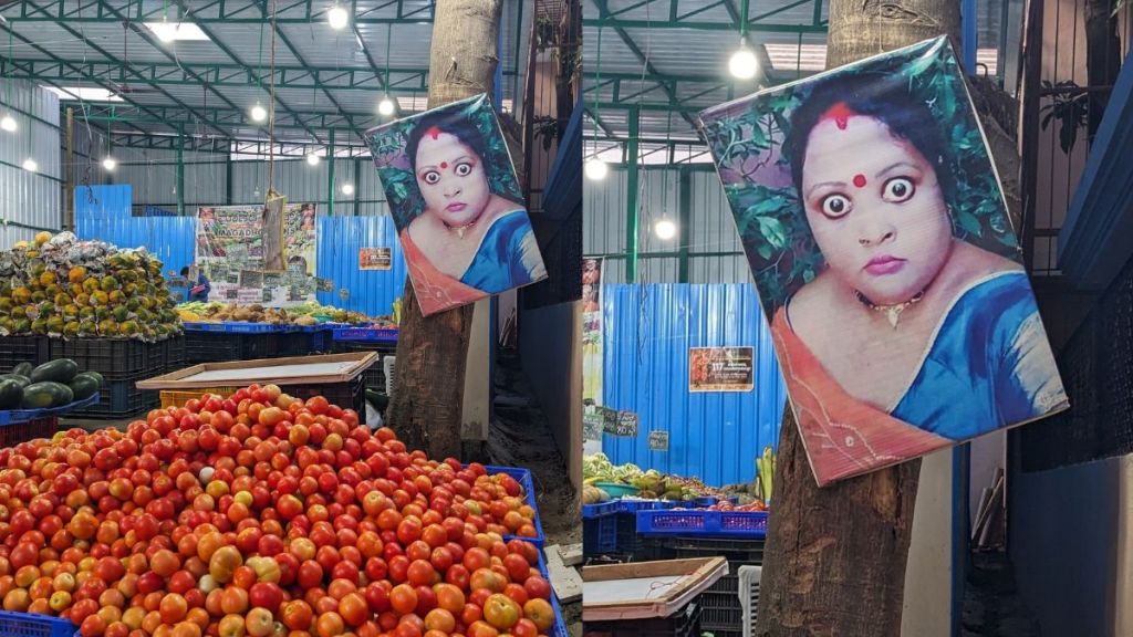 a woman Weird photo at vegetable shop