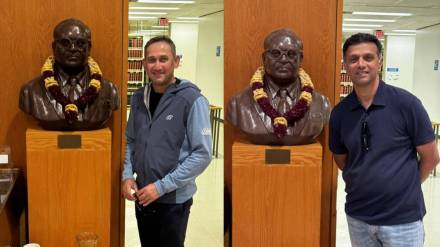 Dravid and Agarkar paying their respects to the father of the Indian constitution