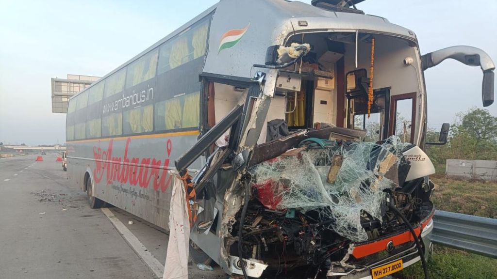 private bus collided with a truck on Samriddhi Highway Driver and carrier are serious