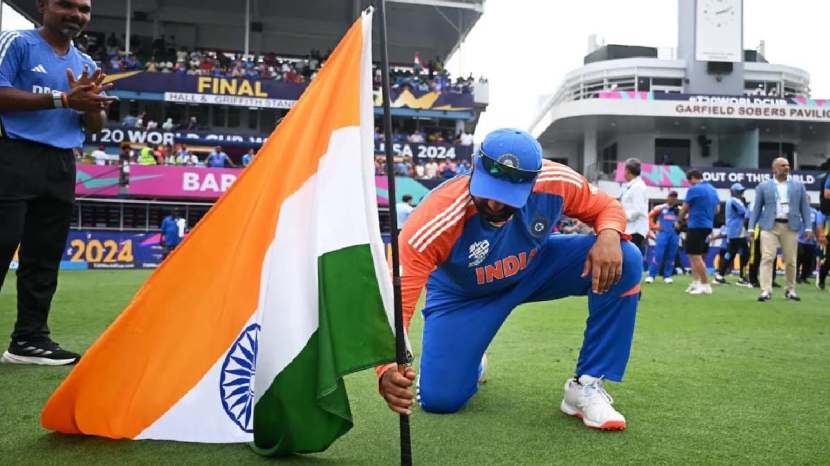 rohit sharma along with hardik pandya and jay shah hoisted indian flag in barbados after t20 world cup 2024 trophy win