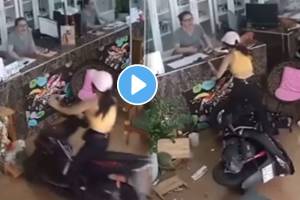 Girl enters the medical store with a scooter and tramples the people present there funny video