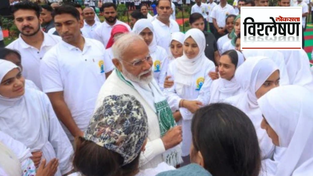 Prime Minister Narendra Modi interacts with people during celebration on the 10th International Day of Yoga, in Srinagar