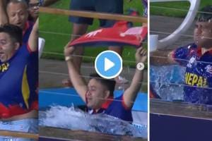 Nepal fan jumps into swimming pool Video viral in BAN vs NEP match