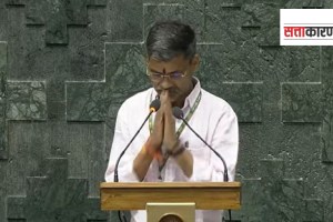 Nilesh Lanke Ahmednagar MP in Parliament took oath in english Sujay Vikhe Patil