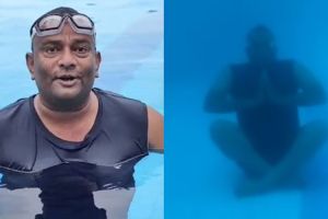On International Yoga Day Praveen Akhre demonstrated various yoga poses under 11 feet deep water