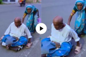 old lady helps his old husband for walking emotional video