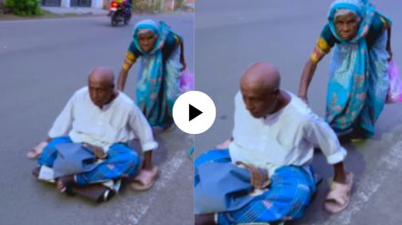 old lady helps his old husband for walking emotional video