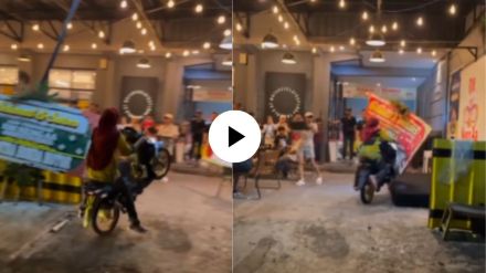 a girl drove her scooty straight into cafe video goes viral on social media