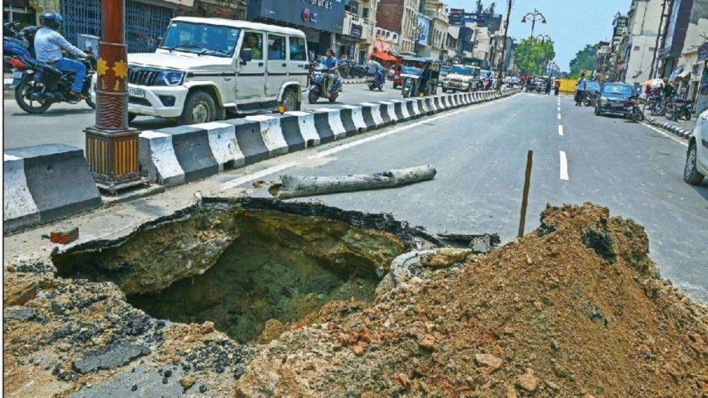 ayodhya ram path develops potholes after first rain