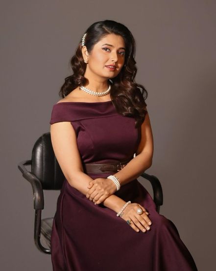 Prajakta Mali posted photos on maroon off shoulder dress on social media