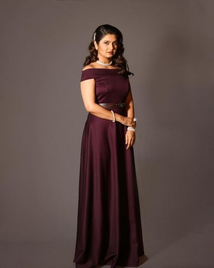 Prajakta Mali posted photos on maroon off shoulder dress on social media