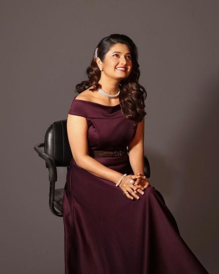 Prajakta Mali posted photos on maroon off shoulder dress on social media