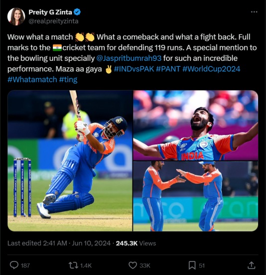 t 20 worldcup India-pakistan match preity zinta shared Social media after winning the match