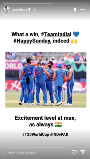 t 20 worldcup India-pakistan match sidharth malhotra shared Social media after winning the match