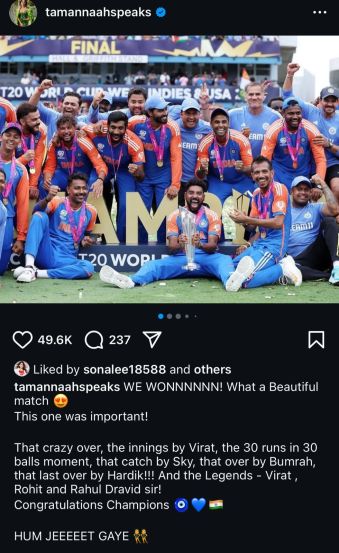 tammanah bhatia T 20 worldcup won by india bollywood celebrity wishes shared social Media post