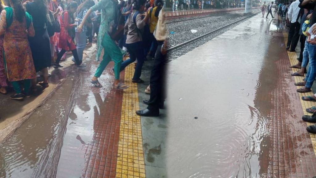 local train passenger, thane railway station, platform no five and six, rain, central railway