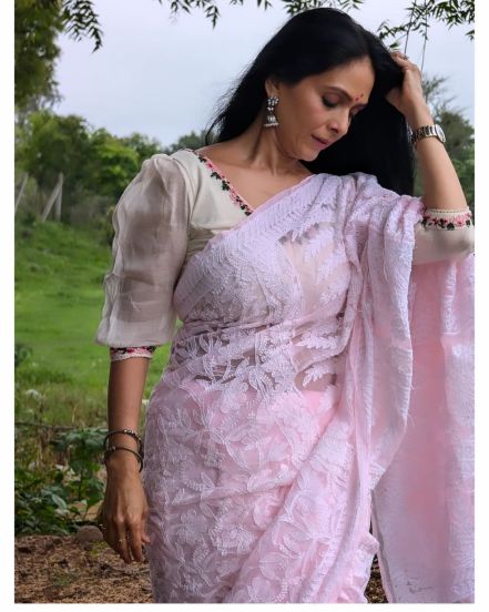 Aishwarya Narkar Pink Chikankari Saree