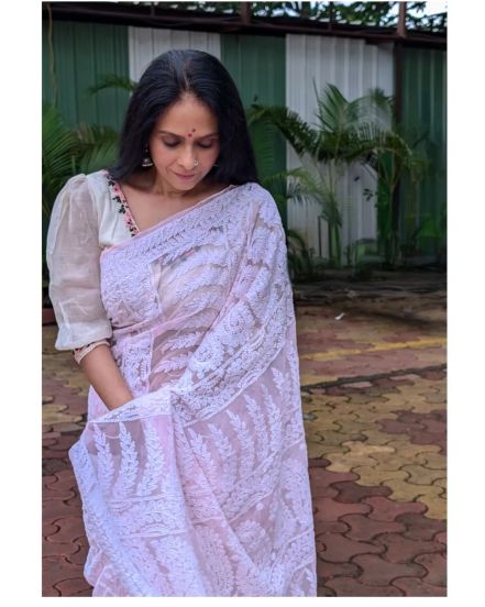 Aishwarya Narkar Pink Chikankari Saree