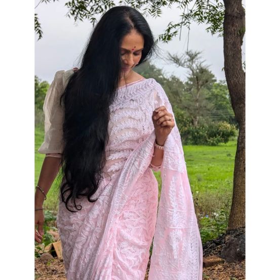 Aishwarya Narkar Pink Chikankari Saree