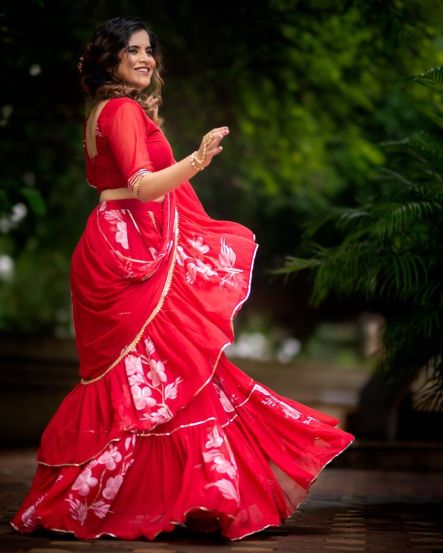 Amruta Deshmukh Red Readymade Saree