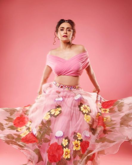 Amruta Khanvilkar Pink Floral Skirt