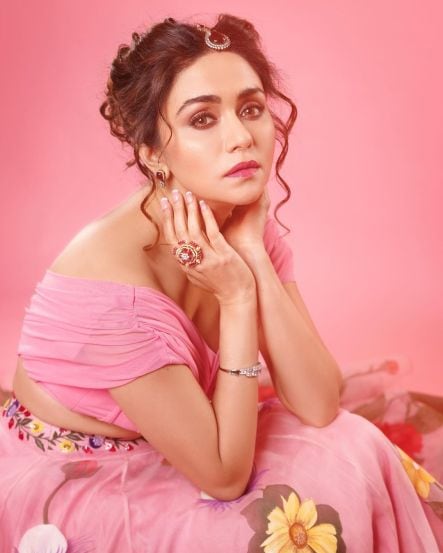 Amruta Khanvilkar Pink Floral Skirt