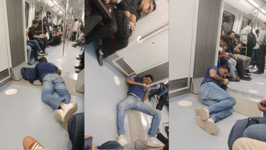 A video has gone viral showing a person lounging comfortably with their legs apart, engrossed in their mobile phone while riding the Delhi Metro