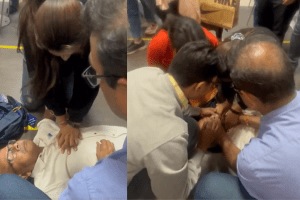 Female Doctor saves elderly man by performing CPR at Delhi airport Video Viral
