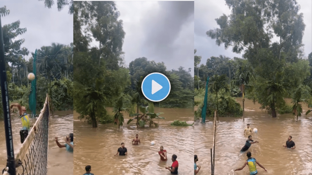 unbelievable passion of boys playing volleyball in Clogged water in Ground viral video