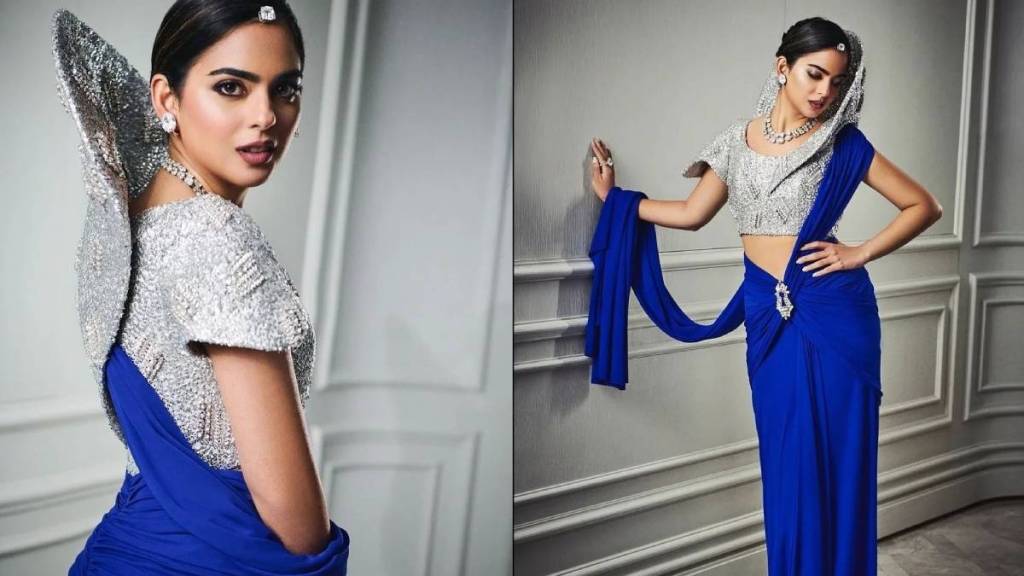 isha ambani wear first ever customised saree by popular international brand Schiaparelli in brother anant ambani sangeet ceremony