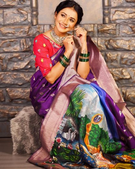 Jui Gadkari Purple Hand Painted Saree