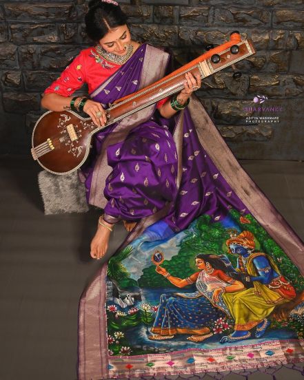 Jui Gadkari Purple Hand Painted Saree