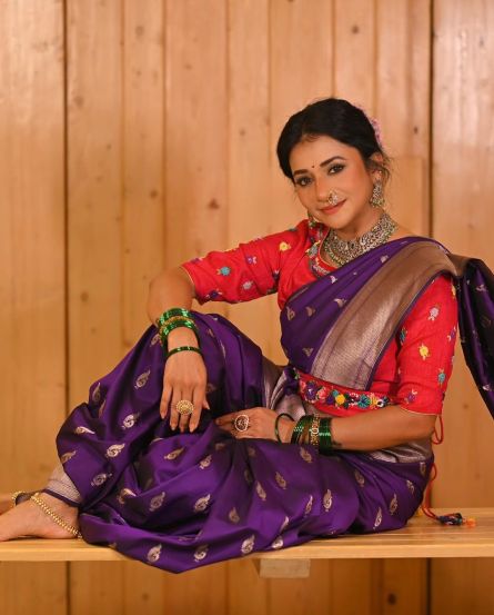 Jui Gadkari Purple Hand Painted Saree