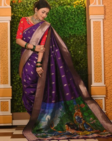 Jui Gadkari Purple Hand Painted Saree