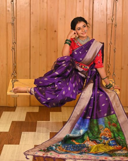 Jui Gadkari Purple Hand Painted Saree