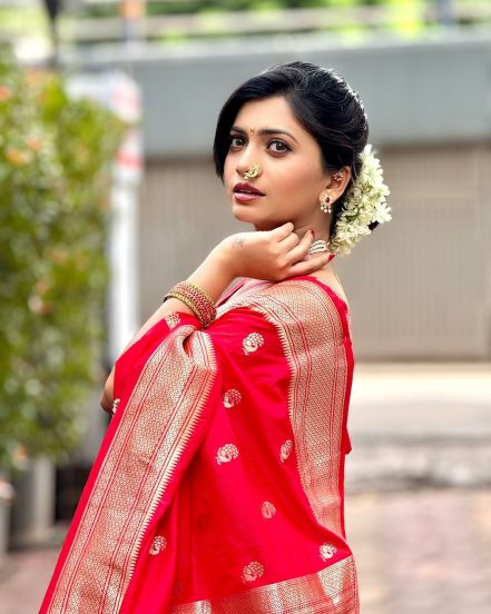 Ruchira Jadhav Red Saree Look